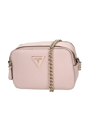 Borsa a tracolla sintetica rosa con chiusura a zip, superficie texture, tracolla in catena dorata e placca logo triangolare sulla parte anteriore.