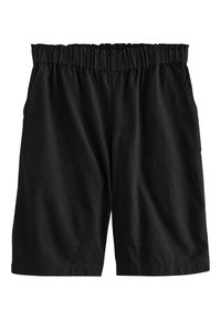 Sorte shorts med elastisk talje, der har en glat tekstur og sidelommer, skåret i en afslappet pasform og med knælængde.
