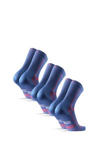 Blaue gerippte Socken mit einem pinken Akzentdesign, gepolstert an Ferse und Zehen. Hergestellt aus dehnbarem, atmungsaktivem Stoff.