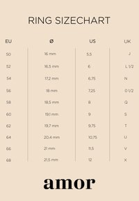Tabella delle misure degli anelli su sfondo beige, che mostra le taglie EU, i diametri corrispondenti in mm e le taglie US/UK. Presenta il testo in grassetto per "amor."