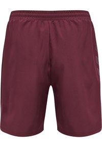 Bordeaux sportieve shorts met een elastische tailleband, een gladde textuur en een subtiele grafische afbeelding aan de zijkant met verticale lijnen.