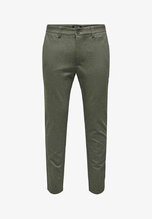Olivgrüne Hosen aus strukturiertem Stoff, mit schmaler Passform, knopfverschlus und normalen Taschen. Keine sichtbaren Muster oder Verzierungen.
