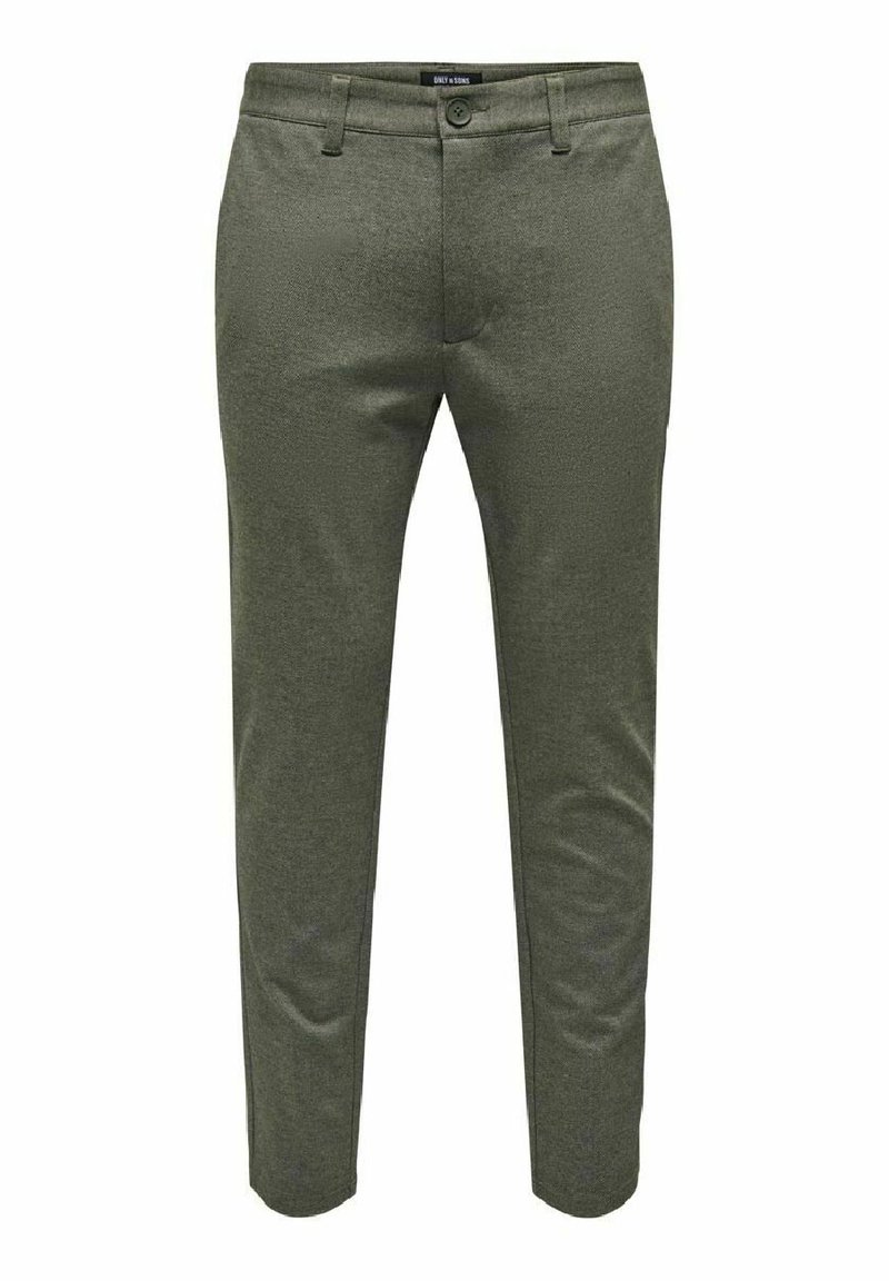 Olive green pants with a textured fabric, slim fit design, front button closure, and standard pockets. No visible patterns or embellishments.