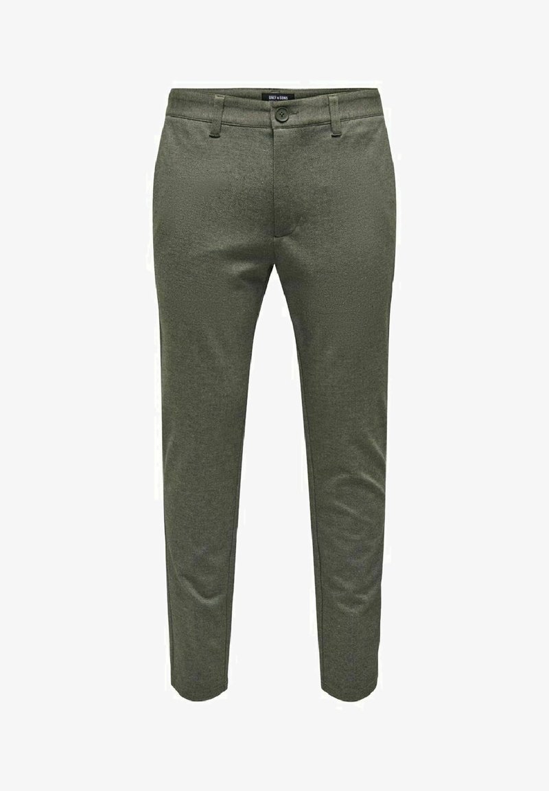 Pantalons vert olive en tissu texturé, design slim fit, fermeture à bouton sur le devant et poches standard. Pas de motifs visibles ni d'ornements.