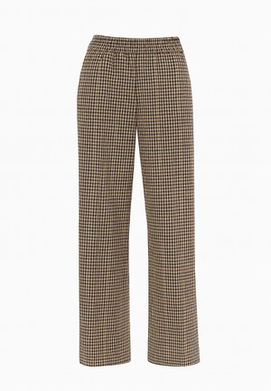 Pantaloni a gamba larga con una cintura elastica, caratterizzati da un motivo a quadretti marrone e blu navy. Realizzati in un tessuto leggero con una consistenza morbida.
