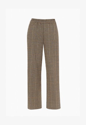 Pantaloni a gamba larga con una cintura elastica, caratterizzati da un motivo a quadretti marrone e blu navy. Realizzati in un tessuto leggero con una consistenza morbida.