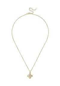 Kultaketju, jossa on koristeellinen kukkaketju ja neljä kirkasta kiveä. Ketjussa on säädettävä pituus ja klipsisuljenta.