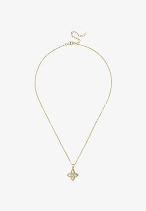 Collier en chaîne dorée avec un pendentif floral orné de quatre pierres transparentes. La chaîne est dotée d'une longueur ajustable avec un fermoir.