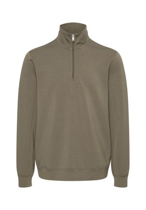 Suéter de color verde oliva con un cuello de media cremallera, mangas largas y un dobladillo y puños acanalados. Tejido suave con una textura lisa.