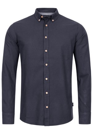Mörkblå långärmad skjorta med krage och knappar, träknappar och en slim fit-design. Slät tygtextur, utan mönster eller detaljer.