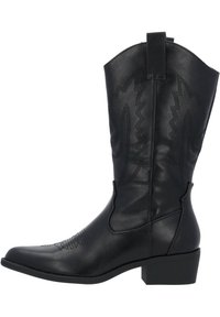Bota vaquera de cuero negro con punta afilada, costuras decorativas, acentos de estilo western y tacón cuadrado medio.