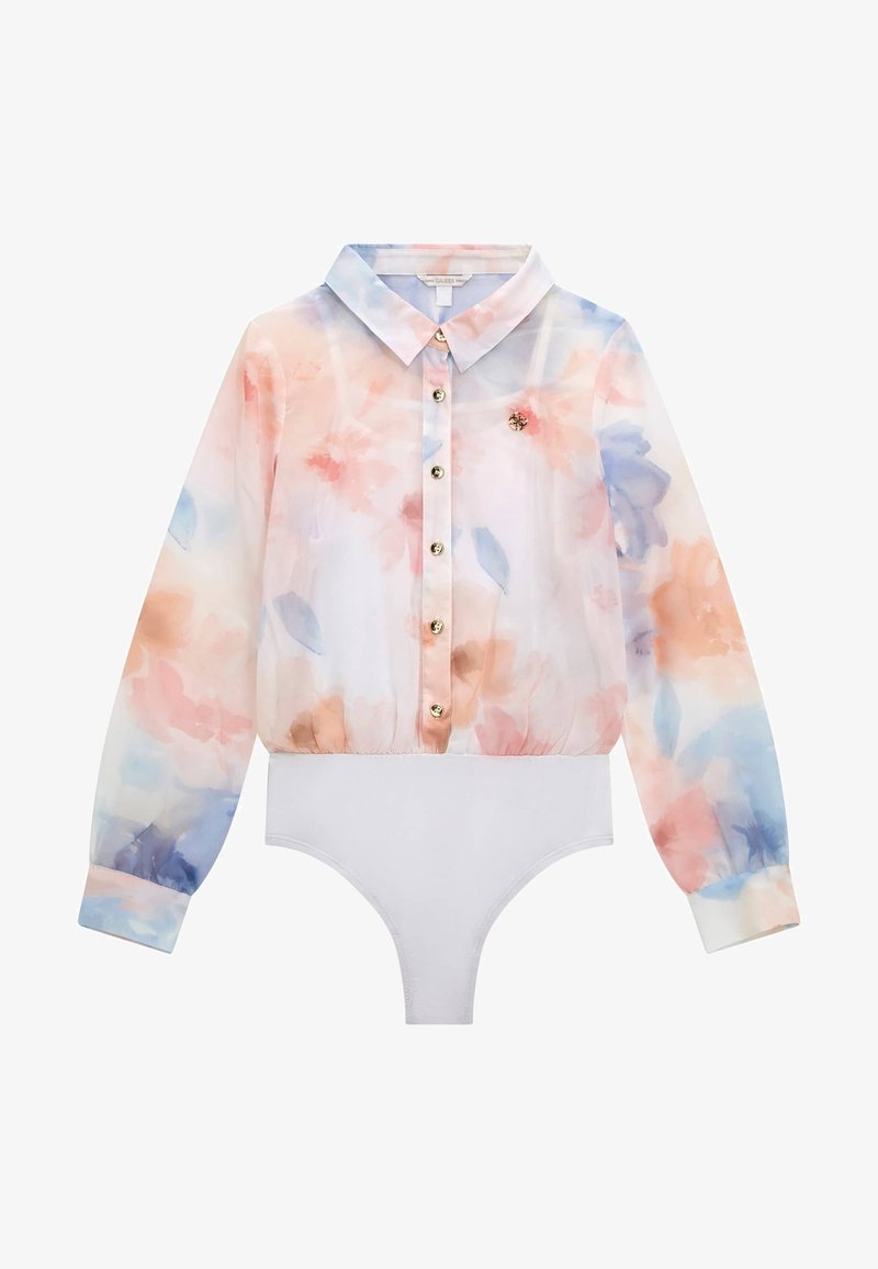 Durchsichtige Bluse mit floralen Mustern in sanften Rosa- und Blautönen, ausgestattet mit einem Kragen, goldenen Knöpfen und einem angenähten weißen Bodysuit.