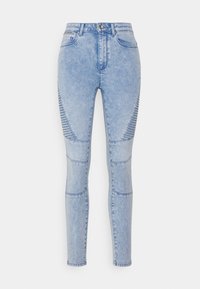 Ljusblå högmidjade slim fit-jeans med ribbat mönster på låren och knäseam, framknäppning och dragkedja.