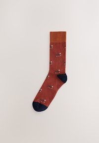 Chaussettes rouges avec des accents bleu foncé aux orteils et aux talons, ornées d'un motif ludique de petits chats bruns au visage blanc. Texture tricotée.