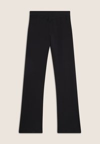 Pantaloni yoga neri a campana con una texture liscia, cintura elastica e senza hardware o motivi visibili. Design semplice e versatile.