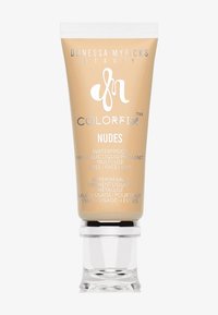 Flytende pigment i en beige tube med metallisk finish. Har en klar bunn og sølvfargete detaljer. Teksten inkluderer merkenavn og produktinformasjon.