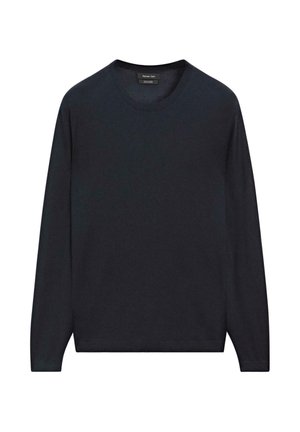 Herren-Pullover mit langen Ärmeln in Dunkelblau. Hergestellt aus weichem, glattem Stoff mit rundem Ausschnitt, gerippten Bündchen und Saum. Schlichtes, einfarbiges Design.
