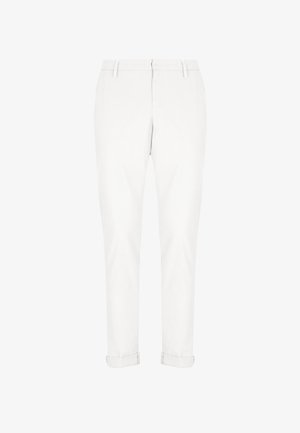 Chinos bianchi in cotone con vestibilità dritta, dotati di chiusura con bottone e zip, tasche laterali e orli arrotolati per un aspetto pulito e sartoriale.
