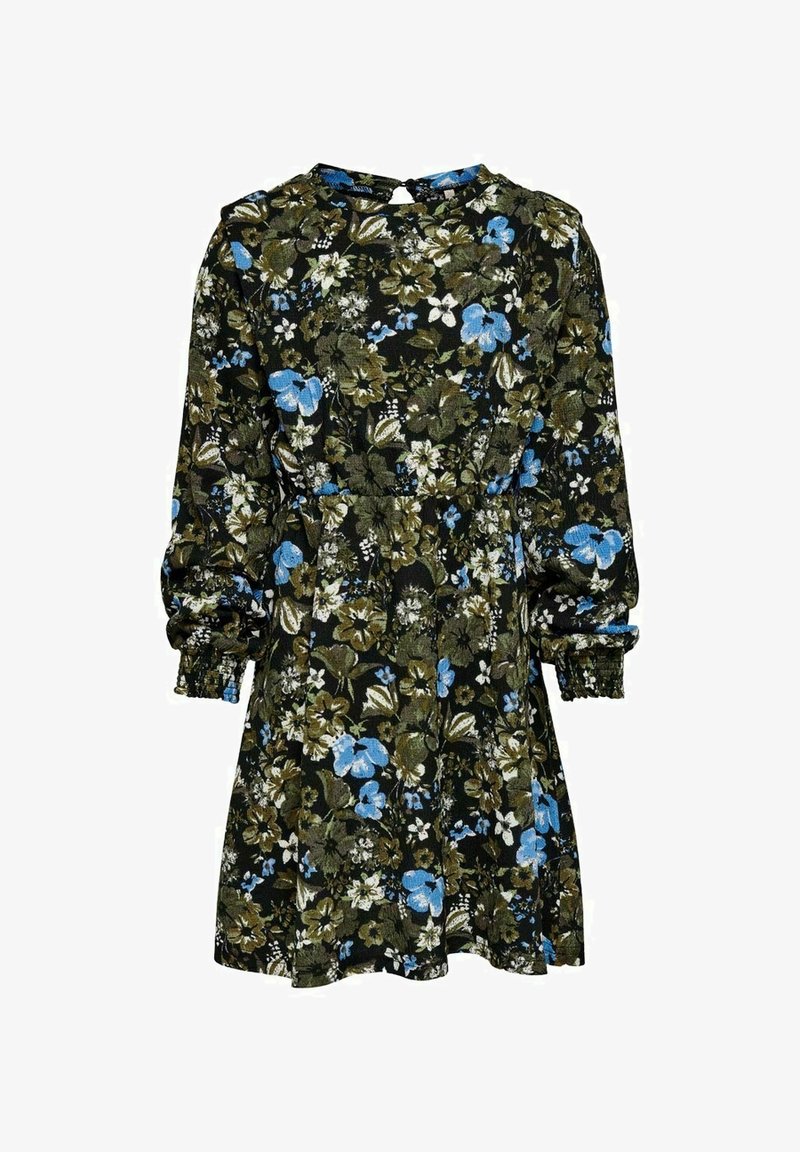 Robe noire à manches longues avec imprimé floral vert et bleu, poignets élastiques et taille froncée.