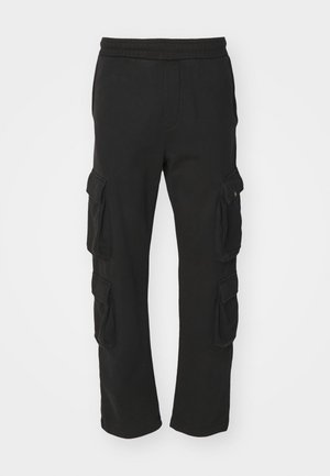 Pantaloni cargo neri con waistband elastico, multiple tasche laterali e design a gamba dritta realizzati in fabbricato in cotone misto.