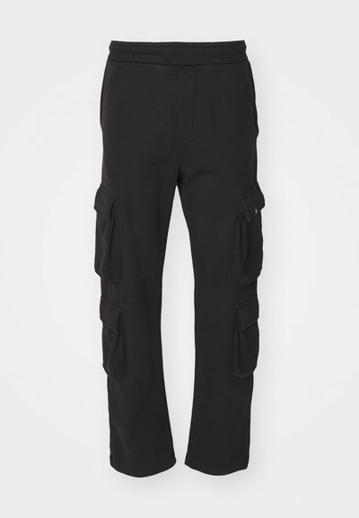 Pantalons cargo noirs avec une taille élastique, plusieurs poches latérales et une coupe droite, fabriqués à partir d'un mélange de coton.