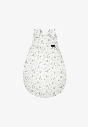 White sleep sack with gray sheep print, round bottom, snap closures at shoulders, and small black tag on the front near the waist.