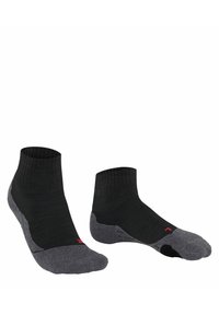 Chaussettes de cheville noires et grises avec texture côtelée, renfort au niveau du talon et des orteils, et accents rouges. Conçues pour le confort et la respirabilité.