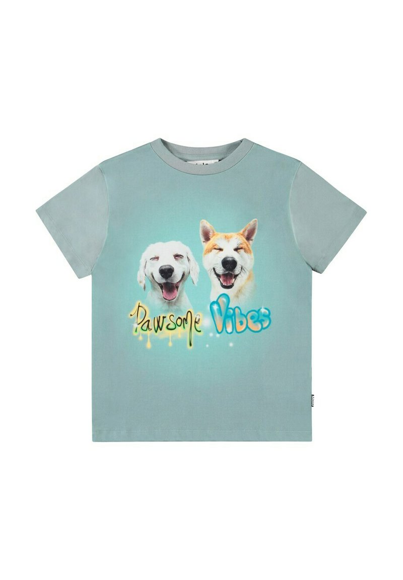 T-shirt azzurro chiaro a maniche corte con una grafica di due cani e la scritta "Pawsome Vibes" in lettere colorate. Materiale in cotone, vestibilità rilassata.