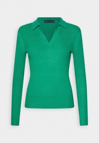 Pull vert en maille côtelée à manches longues avec col et encolure en V, cintré à la taille, présenté sur un fond uni.