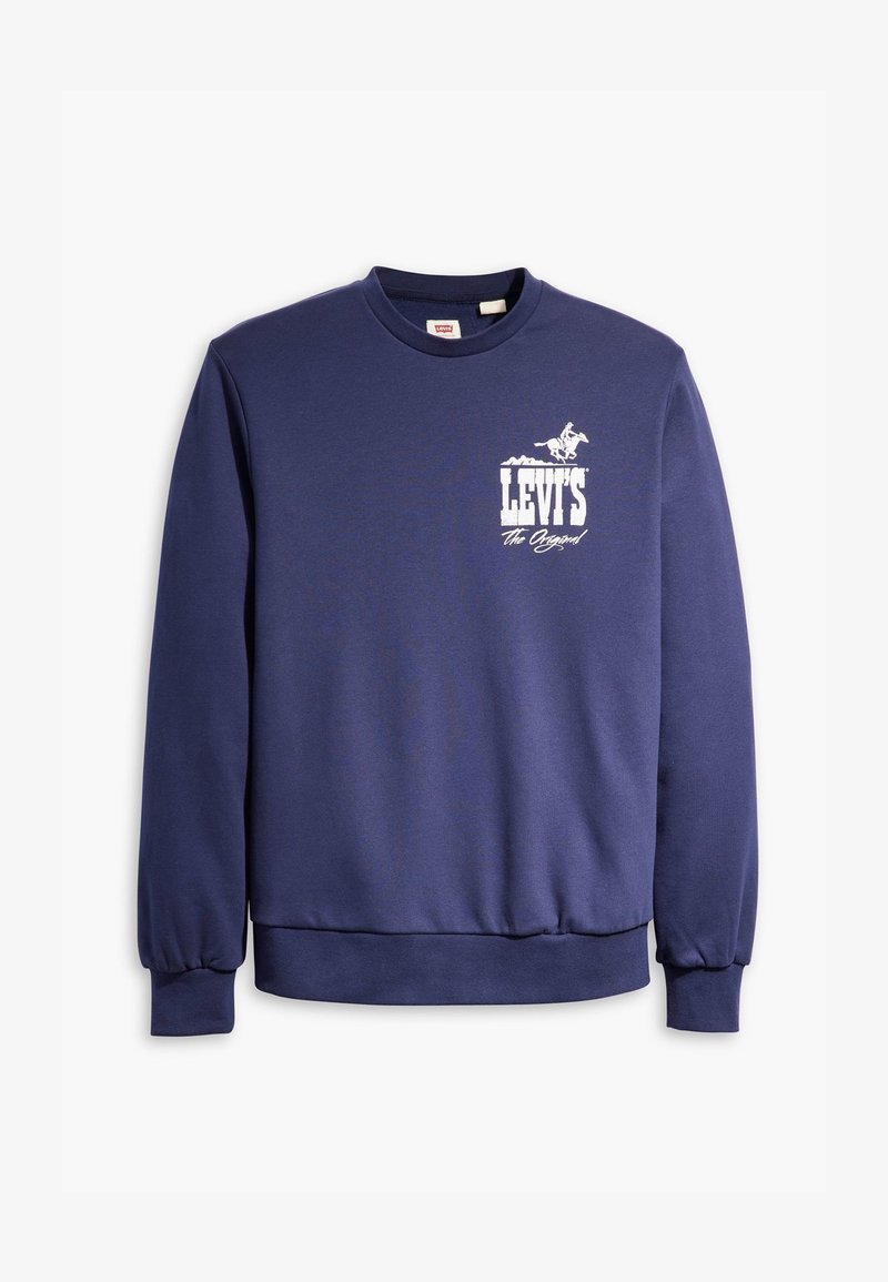 Jūrinės spalvos džemperis, pagamintas iš medvilnės mišinio, turi ilgomis rankovėmis, mezgimo apykaklę ir apykaklę su žemu iškirpimu. Priekyje matomas baltas "Levi's" logotipas ir arklio grafika.