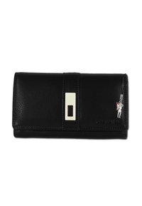 Black leather wallet with a textured finish, featuring a silver accent clasp, stitched edges, and a small decorative charm.