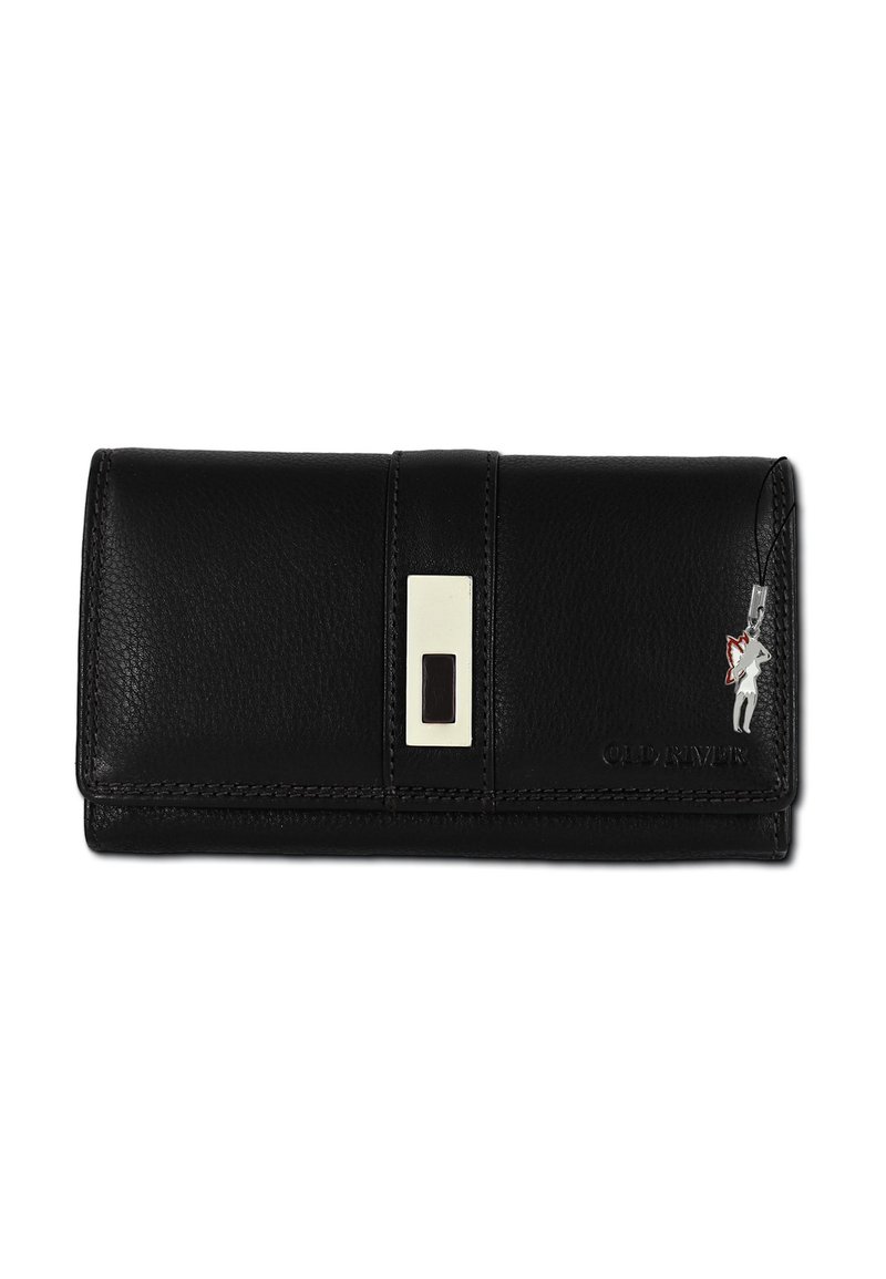 Black leather wallet with a textured finish, featuring a silver accent clasp, stitched edges, and a small decorative charm.