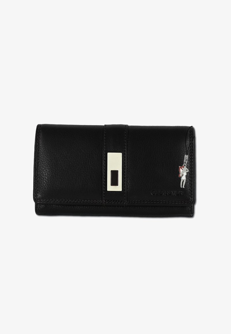 Black leather wallet with a textured finish, featuring a silver accent clasp, stitched edges, and a small decorative charm.