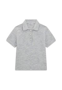 Polo à manches courtes gris en tissu tricoté doux, avec un col et trois boutons décoratifs. Texture subtile sur l'ensemble.