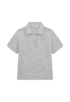 Graues Poloshirt mit kurzen Ärmeln aus weichem Strickstoff, mit einem Kragen und drei dekorativen Knöpfen. Dezente Textur im gesamten Stoff.