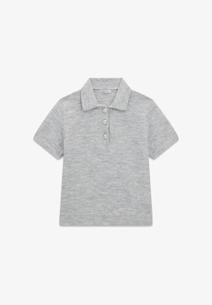 Graues Poloshirt mit kurzen Ärmeln aus weichem Strickstoff, mit einem Kragen und drei dekorativen Knöpfen. Dezente Textur im gesamten Stoff.