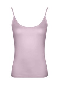Canotta da donna lilla con spalline sottili e scollatura a forma di U, presentata su uno sfondo bianco semplice.