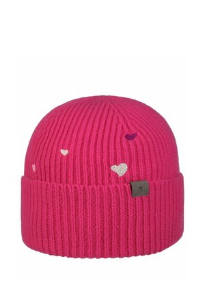 Helle pinkfarbene, gerippte Strickmütze mit kleinen weißen und violetten Herzmustern sowie einem schwarzen Markenschild am umgeschlagenen Rand.