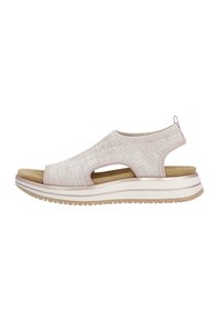 Light pink slip-on sandals with open sides, textured knit upper, and a cushioned insole atop a white and beige platform sole.