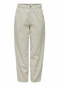 Světle béžové bavlněné kalhoty s uvolněným střihem, vybavené předními kapsami a zapínáním na knoflík. Hladká textura s minimálním zdobením.