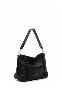 Mustast nahast käekott tekstuurse viimistlusega, kaardus kujuga, ühe sangaga ja kuldse tooniga detailidega.