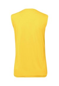 Top senza maniche di un brillante giallo, realizzato in tessuto liscio. Presenta un collo rotondo e una vestibilità rilassata, senza motivi o elementi metallici visibili.