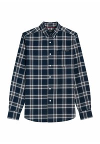 Granatowa koszula w kratę z guzikami, wykonana z bawełny. Posiada kieszeń na lewej piersi, białe guziki oraz klasyczny kołnierzyk. Miękka w dotyku.