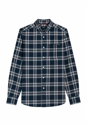 Granatowa koszula w kratę z guzikami, wykonana z bawełny. Posiada kieszeń na lewej piersi, białe guziki oraz klasyczny kołnierzyk. Miękka w dotyku.