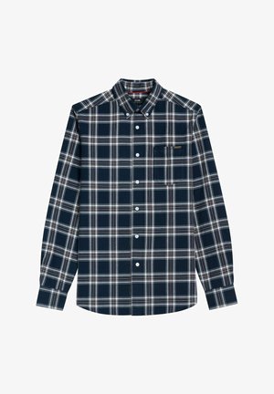 Granatowa koszula w kratę z guzikami, wykonana z bawełny. Posiada kieszeń na lewej piersi, białe guziki oraz klasyczny kołnierzyk. Miękka w dotyku.
