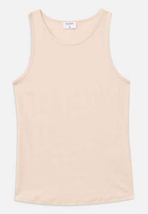 Beige ribbed tank top with a round neckline and sleeveless design, featuring a straight hem and a smooth texture. Brand label visible.