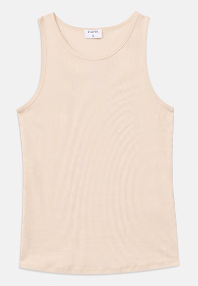 Beige ribbed tank top with a round neckline and sleeveless design, featuring a straight hem and a smooth texture. Brand label visible.