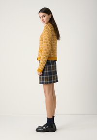 Geel geruite cardigan met textuur breiwerk, gecombineerd met een marineblauwe geruite rok. Zwarte schoenen met een chunky ontwerp en blauwe sokken.