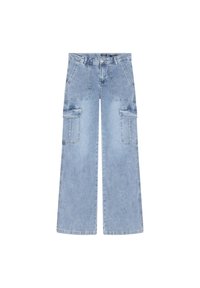 Ljusblå vida cargojeans med flera framfickor, hög midja och en mjuk denimtextur. Har synliga sömdetaljer.