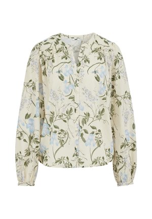 Blouse crème à manches longues avec imprimé de vigne verte et de fleur bleue, boutons sur le devant, encolure ronde et poignets froncés.